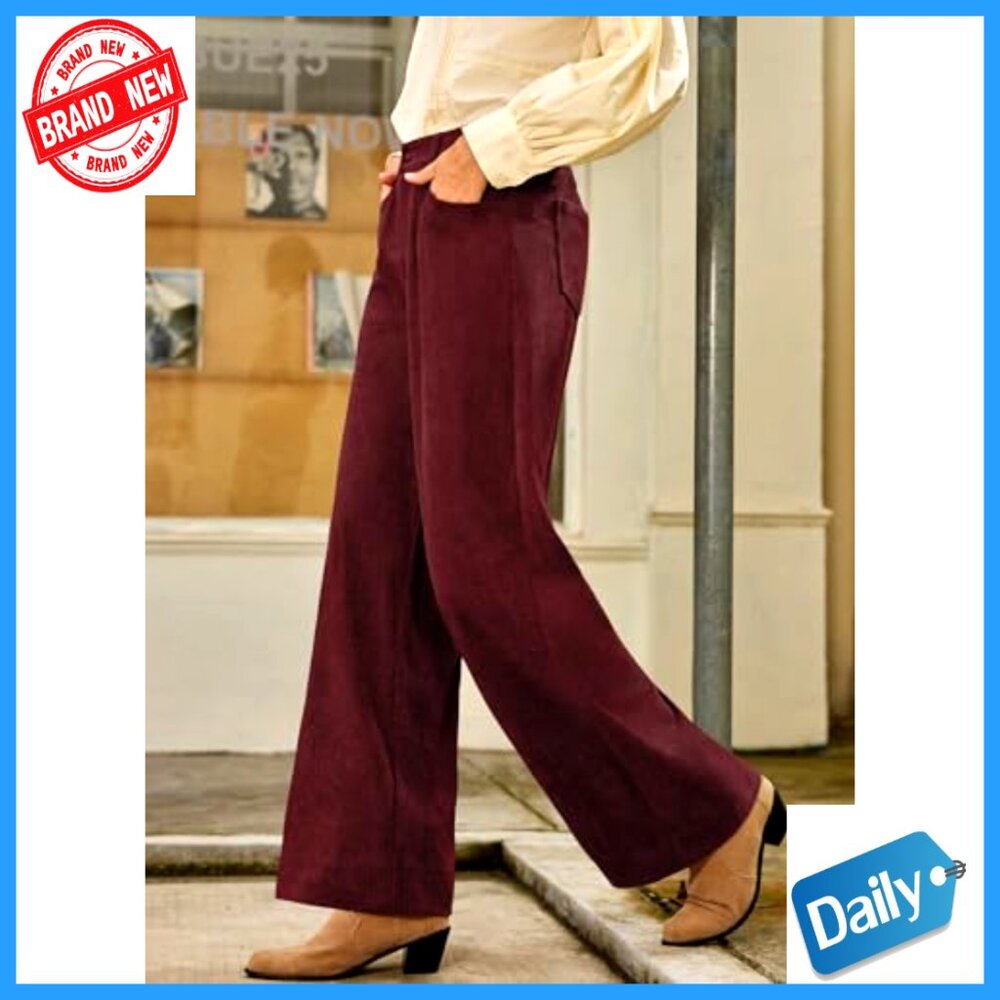 Women's Corduroy Wide Leg Pants High Waisted Elastic Waist Casual Trousers - Picture 3 of 7